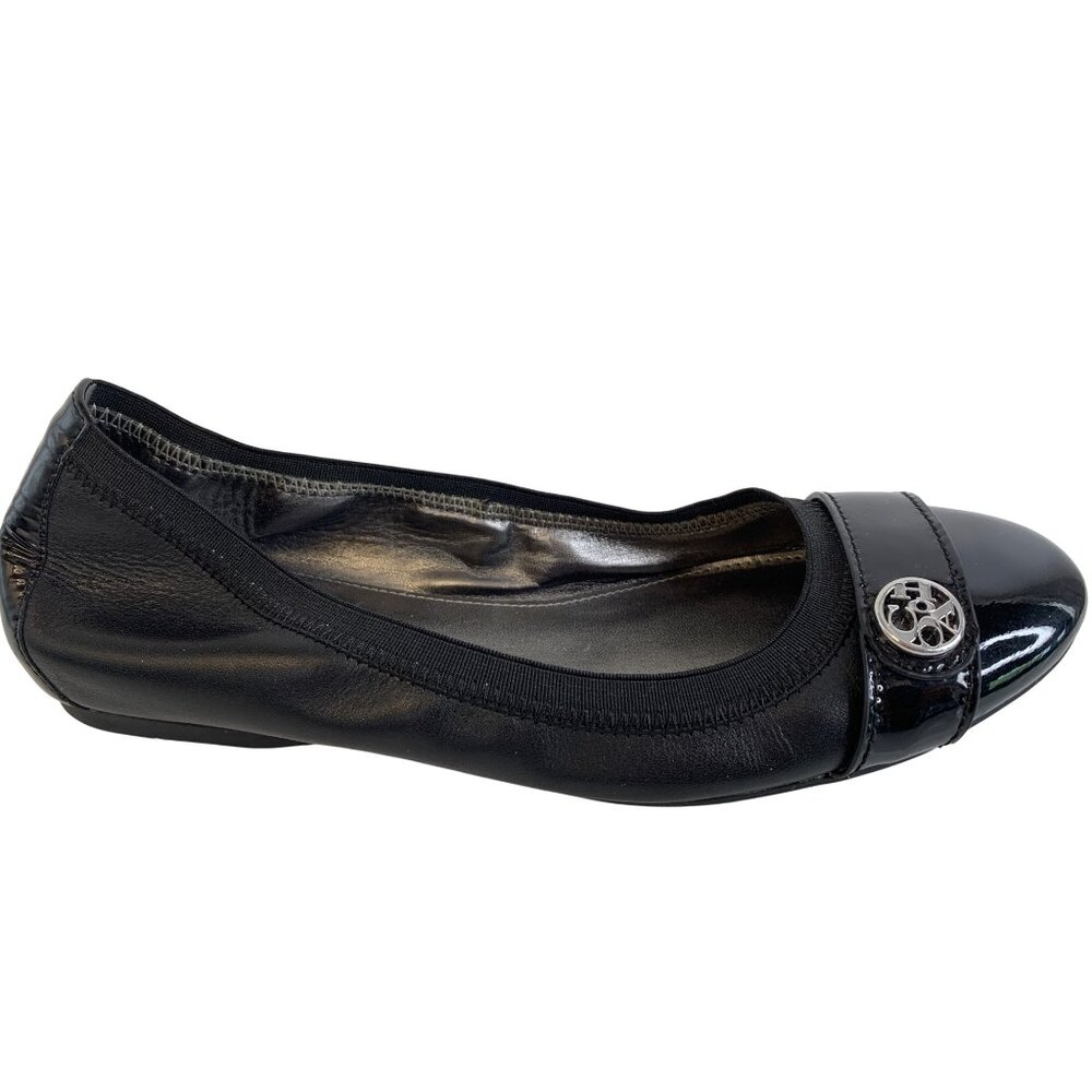 Coach Chelsea Black Leather Ballet Flat Strap Logo 8B EUC Mix Media Comfort